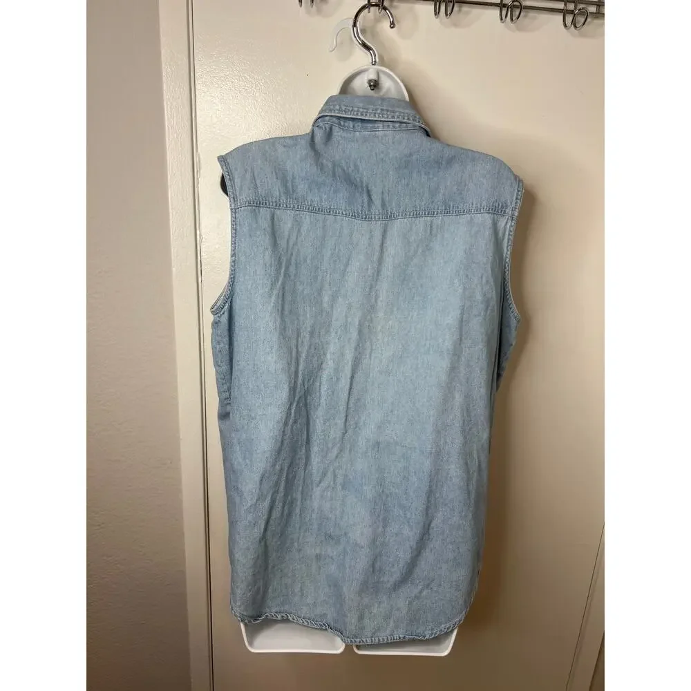 Vintage Kikomo Women's Sleeveless Chambray Shirt Blue ~ Size L
